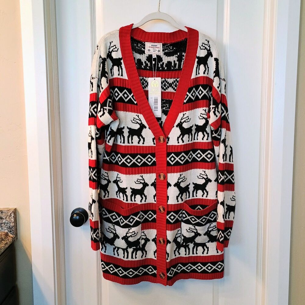 V28 NWT Womens XXL Oversized Christmas Reindeer Cardigan Sweater Longline Red